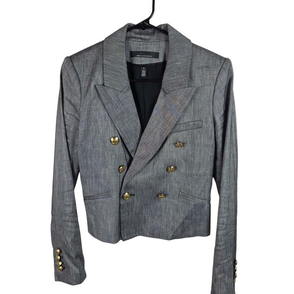 WHBM Blazer Women 6 Gray Good Double Breasted Gold Buttons Linen Blend Cropped